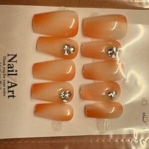 Ombre Orange‎ Press On Nails Rhinestone Accent Ballerina False Nails